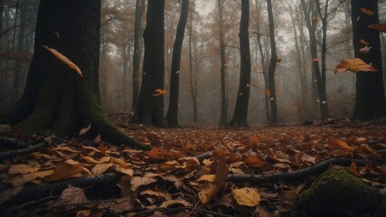 Obraz premium Leaves gently falling in a mysterious forest