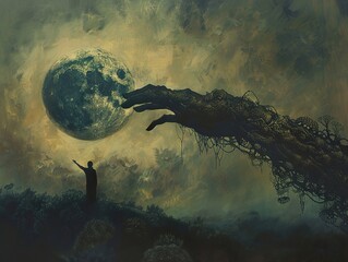 A large hand made of trees reaches out to grab a moon, with a figure standing in the foreground.