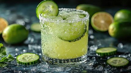 Fototapeta premium Fresh cucumber cocktail with ice and garnished with lime
