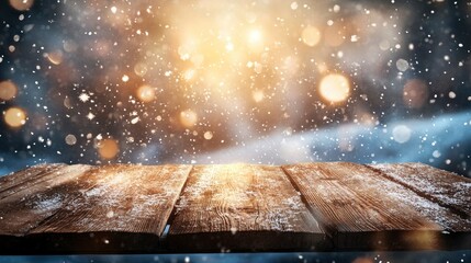 Banner Of Wooden Plank Table With Sparkling Snow And Brilliant Explosion Background - Winter with generative ai