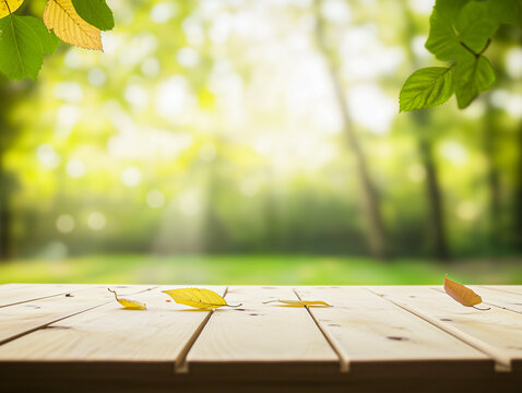wooden table with a blurred green forest background