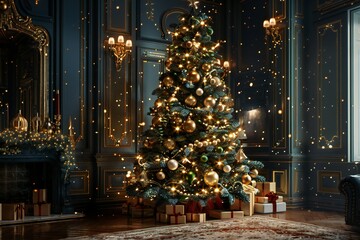 Festive 3D render of a beautifully decorated Christmas tree with twinkling lights, created by ai