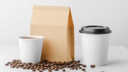 A coffee bag stands next to a paper cup on a white surface, surrounded by scattered coffee beans, showcasing a clean, professional presentation