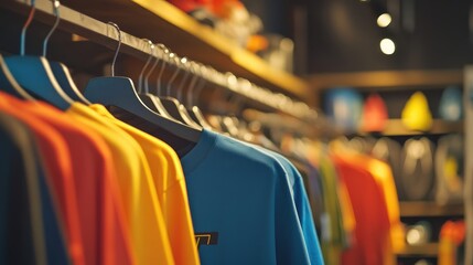 Obraz premium Athletic Wear Store Display with Colorful T-Shirts, Hoodies, and Shelves Full of Products