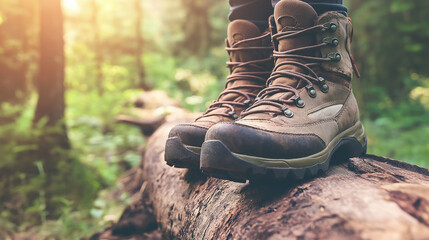 Hiker resting on log wearing brown hiking boots in forest