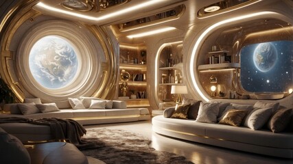 Luxurious futuristic space room with earth view