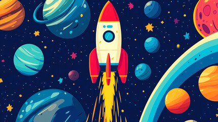 Red rocket flying in space with colorful planets and stars illustration