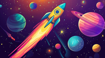Naklejka premium Cartoon rocket flying through colorful galaxy with planets