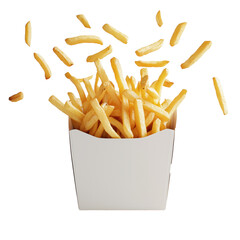 A delightful mix of golden French fries soaring from a cheerful white box in a joyful dining moment