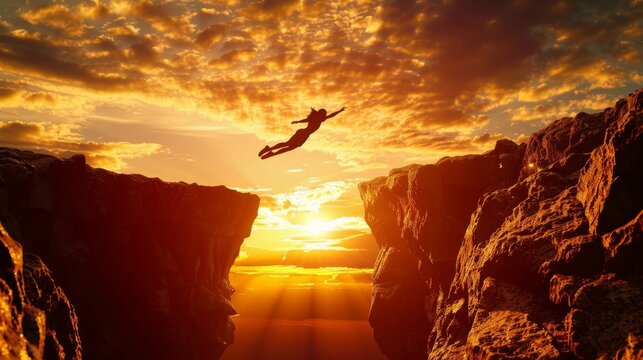 Businessman's Bold Leap: Courageous Risk-Taking Over Cliff at Sunset