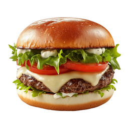 Juicy American-style burger topped with fresh lettuce, tomatoes, and creamy sauce on a sunny day