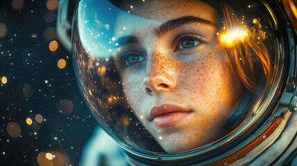 A woman in a space suit looking through her helmet through which her face is visible. Medium session of a female astronaut in space. Space Industry.