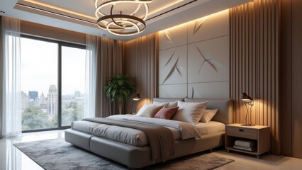 Generative AI, a modern bedroom with a large bed and a chandelier hanging from the ceiling above it, along with a large window, detailed lighting, a digital rendering, art deco