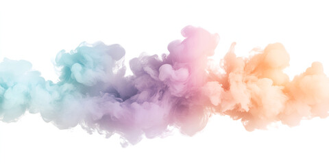 Fototapeta premium Colorful pastel smoke clouds floating in a white background, creating a soft and dreamy visual effect with purple, orange, and turquoise hues