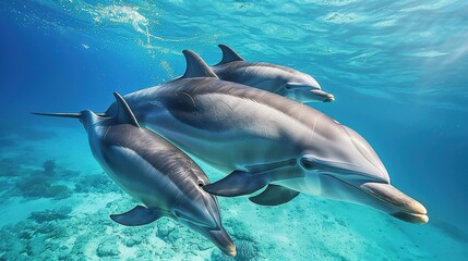 Dolphins swimming gracefully underwater, their sleek bodies gliding through the clear blue ocean. The sunlight filtering through the water enhances the beauty of this aquatic scene.
