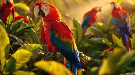 Obraz premium a group of scarlet macaws gathers, their vivid plumage glowing under the warm rays of the sun. This image captures the exotic beauty and lively spirit of these magnificent birds.