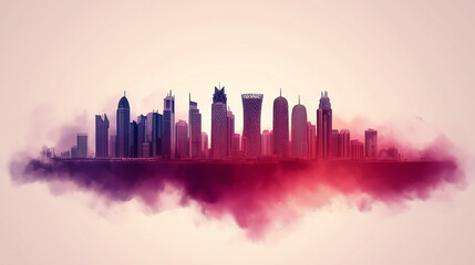 Fototapeta premium Doha skyline emerging from colorful pink and purple smoke and mist