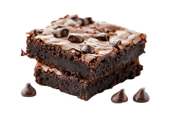 Deliciously rich brownie squares coated with chocolate chips on a bright white background