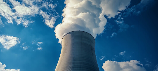 A nuclear power plant with white smoke coming out of the chimney, against a blue sky with clouds in the background