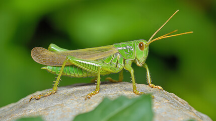 Fototapeta premium Large green grasshopper standing on a rock