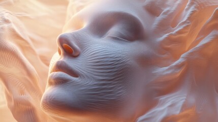 Face in close-up, features merging into organic, flowing lines, soft hues, smooth transitions between elements.