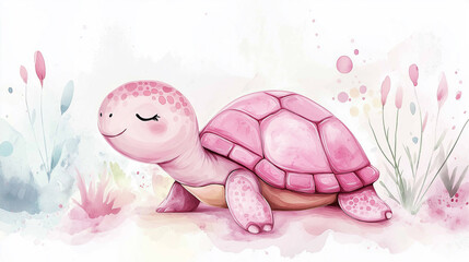 Cute pink turtle walking in watercolor flowers illustration