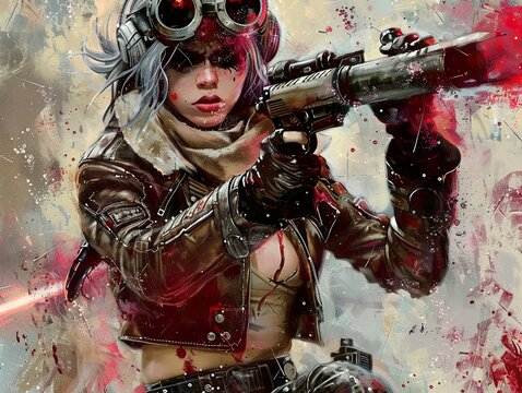 A young woman with blue hair and a red bandana, wearing a brown leather jacket and holding a rifle, looks down the scope.