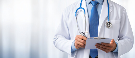 A medical professional in white coat is reviewing diagnostic data with clipboard, showcasing focused and diligent approach to patient care