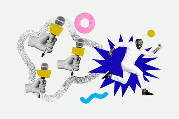 Composite photo collage of happy american man celebrity hands hold mic interview podcaster popular star isolated on painted background