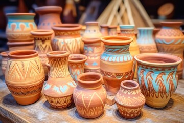 Native American pottery, displayed on rustic wooden table with different traditional cultural motifs