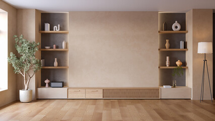 Fototapeta premium wooden TV cabinate with brown stucco and concrete wall Modern vintage interior living room with .3drender