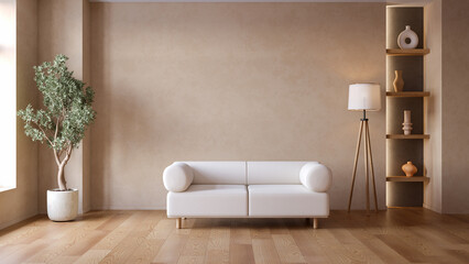 Modern  vintage  interior living room with modern sofa and floor lamp, featuring coffee table,  with  brown stucco wall , and vintage decor .3drender