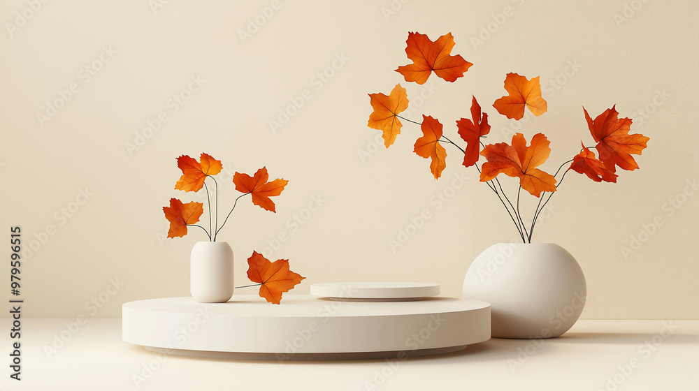 Poster autumn leaves falling on empty podiums for product placement