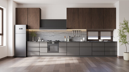 Modern luxury kitchen with  contemporary chair with  black lamp and wood floor.3d render