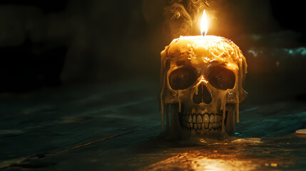 A haunting illustration of a skull candle melting in a dimly lit room. Dimly Lit. Illustration