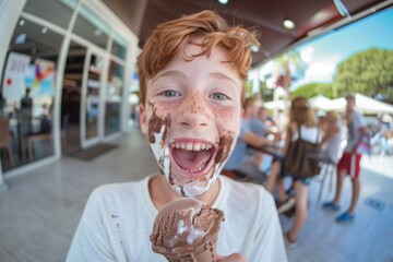 A kid's love for ice cream is undeniable.  Outdoors sun lively boy red hair is full of life. Essence of carefree summer days is seen animated spirit of young boy.