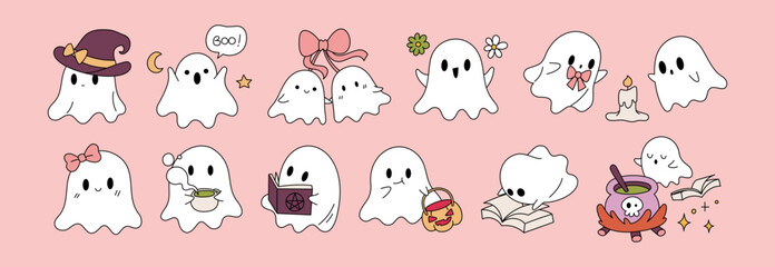 Obraz premium Halloween Cute Ghosts Set Vector Illustration in Various Activities with Tea, Book, and Cherry Tree with Ribbon in Groovy Flat Style 