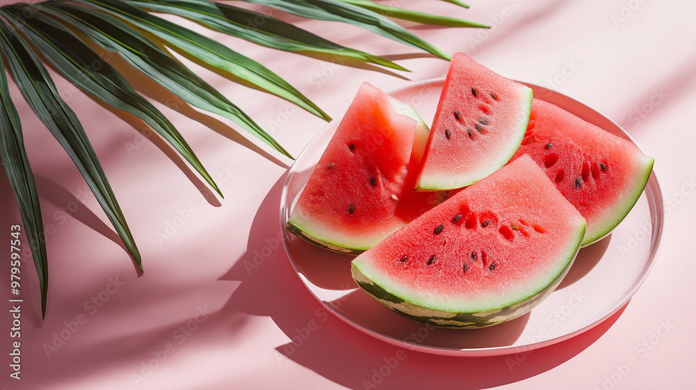Aufkleber fresh watermelon slices on plate with palm leaf and shadow on pink background
