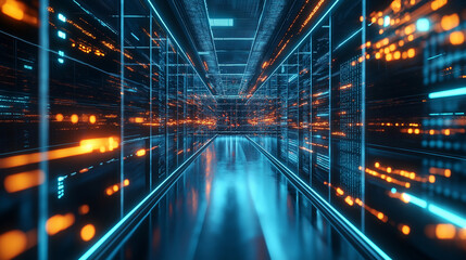 Digital information flowing through server room corridor