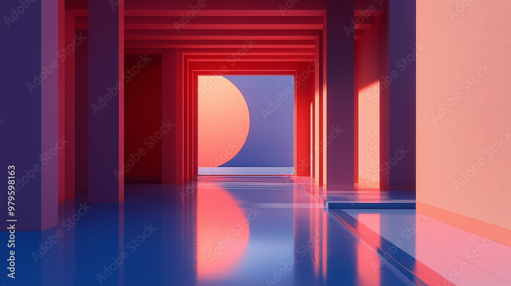 Aufkleber modern minimalist empty hallway with red pillars reflecting in blue floor