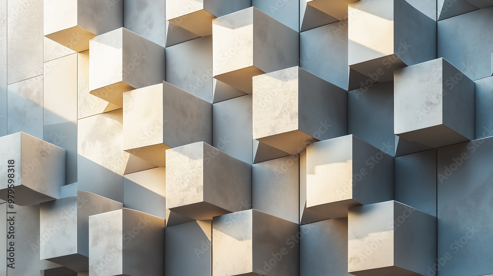 Poster modern architecture concrete wall made of cubes is illuminated by the sun