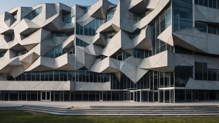 Modern office building facade featuring repeating geometric patterns