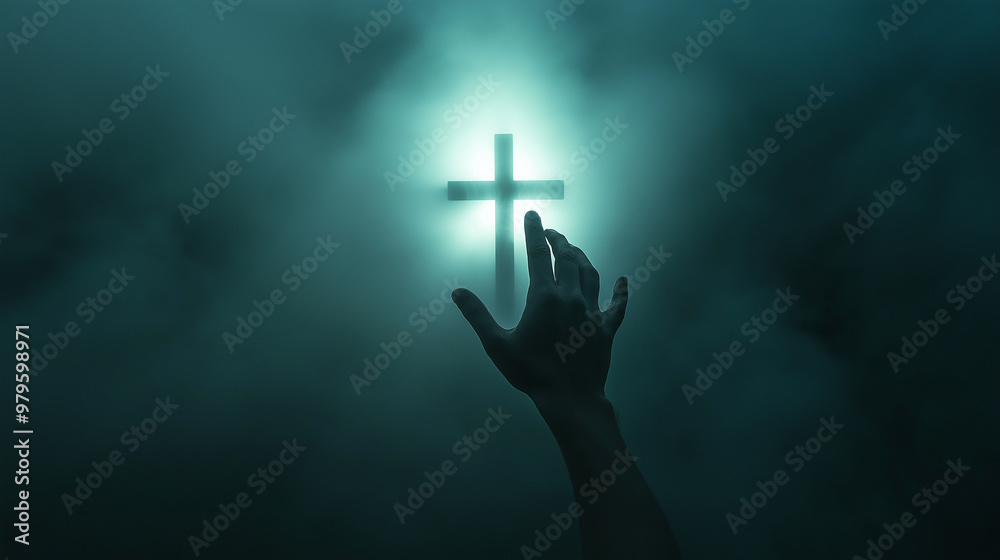 Wall mural Hand reaching for glowing cross in dark clouds