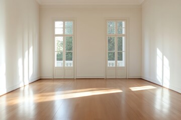 Bright and spacious empty room with wooden floor and large windows, ideal for interior design and renovation ideas.
