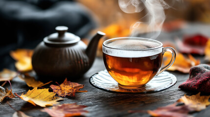 A steaming cup of tea in a glass cup placed on a wooden table surrounded by autumn leaves, with a teapot and a red scarf in the background.