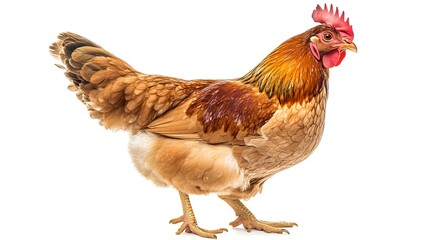 Fototapeta premium Full-body image of a brown chicken hen standing isolated on a white background, ideal for farm animals and livestock themes, showcasing its natural appearance and characteristics.