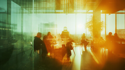 Office scene with motion blur and double exposure effects.