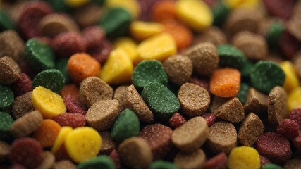 Multicolored dry pet food with small irregular kibble pieces