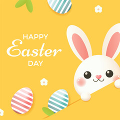 Happy Easter card with bunny, eggs, and flowers