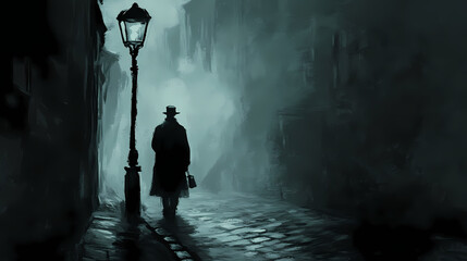 A shadowy character shrouded in mist stands under a lamppost on a cobblestone alley, evoking mystery and suspense. Shadowy. Illustration